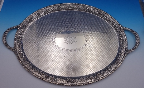 Tea Tray with diaper work interior, excellent repousse work, presentation on bottom, 925/1000 122F 88oz  27